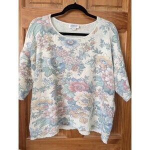 Vintage Arielle Floral Sweater Women's Size 1X 80s Coastal Grandma Pastel Garden